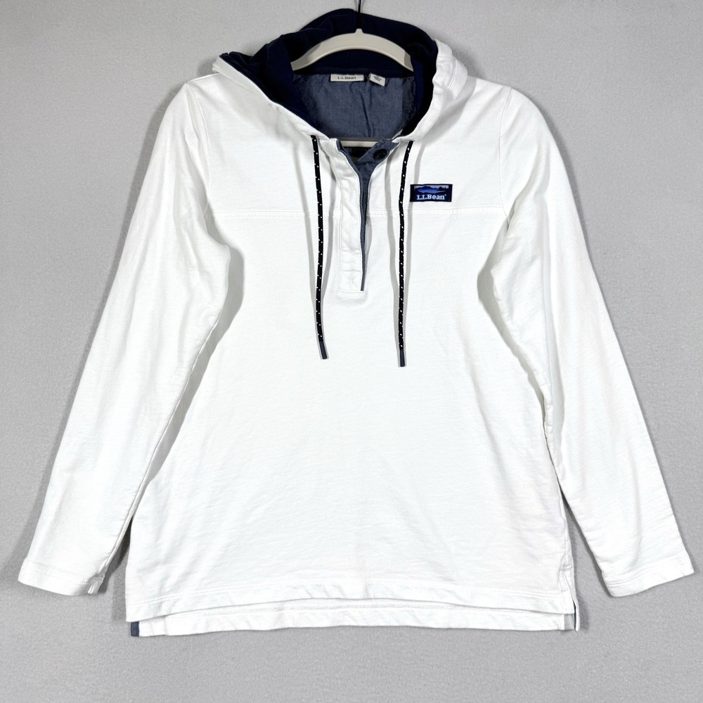 LL Bean Hoodie Women Small Petite Large 1/4 Button Pullover Hiking White Coastal